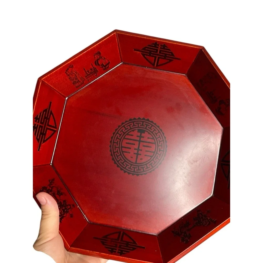 Vintage Korean Red Octagon Wooden Stack Serving Platter Trays Bowl Set Of‎ 2